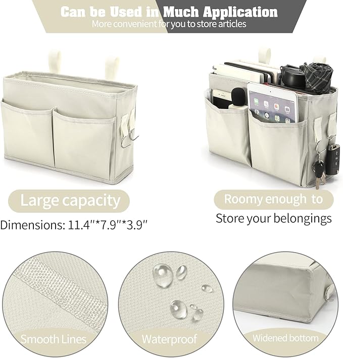 Bseash Bunk Bed Organizer, Bedside Caddy Hanging Bed Organizer Storage Bag with 4 Pockets and 2 Hooks, for College Dorm Rooms Bed, Hospital Bed, Baby Bed Rails, 600D Oxford Cloth (Beige)