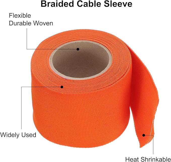 MECCANIXITY Braided Cable Sleeves Heat Shrinkable Fabric Sleeving, 2" 16ft Orange 2:1 Ratio Heat Shrinkable Cord Protector for Harness Cable, Network Cable Protection, Cable Management