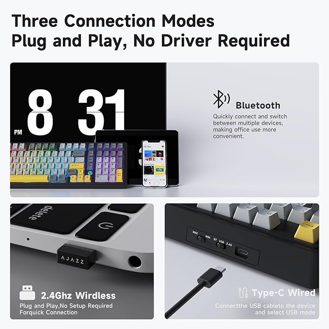 NACODEX Ajazz AK980 Grey Yellow Wireless Mechanical Gaming Keyboard,Tri-Mode BT5.0/2.4GHz/USB-C Hot Swappable Custom Keyboard RGB Backlit Computer Gaming Keyboards for PC/Tablet/PS/Xbox