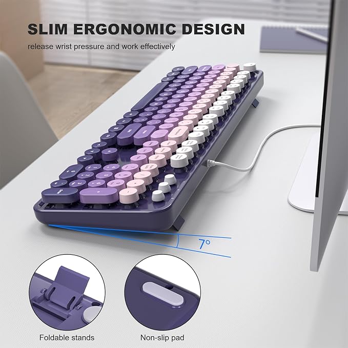 Computer Keyboard Wired, Plug Play USB Keyboard with Large Number Pad, Caps Indicators, Foldable Stands, Full Size Keyboard for Windows PC Laptop (Purple)
