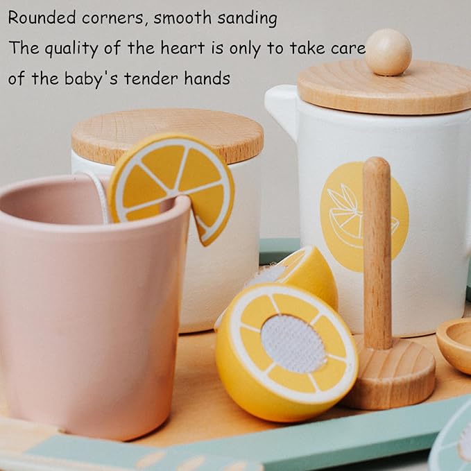 Lemonade Stand for Kids Tea Set Pretend Play Toys Tea Party Set Lemonade Stand Supplies No Assembly Required Non-Toxic Wooden Toys Tea Sets for Toddlers 3-5 Birthday Gift