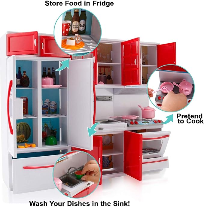 Gourmet Red Doll Modern Kitchen Mini Toy Playset with Lights and Sounds, Perfect for 12 Inch Dolls