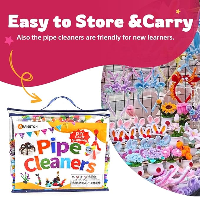 Kids DIY Arts & Crafts Rich Materials 1300+ Pcs Including Feathers, Pipe Cleaner,Wiggle Eyes, Pompoms, Colours Paper,Bells, Sticks,Beads for Chenille Stems and More Crafting Items Supplies