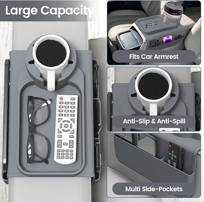 Couch Cup Holder Tray, Silicone Sofa Armrest organizer with Assesory Side Pockets for storage Remotes, Cell-phone,Tablet or Snack, Anti-Spill and Anti-Slip Couch Drink Holder Caddy(Gray)