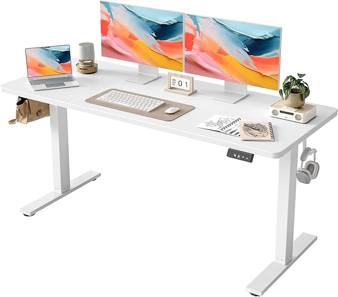 TIQLAB Electric Standing Desk, Adjustable Height Stand up Desk, 55 * 28 Inches Sit Stand Home Office Table with Splice Board, White