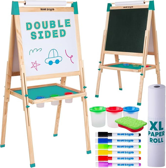 Blue Squid Art Easel for Kids - Dual-Sided Adjustable Wooden Painting Easels, Ideal Christmas Gift for Toddlers and Kid - with Magnetic Chalk Board, White Board & Paper Roll, Includes Accessories