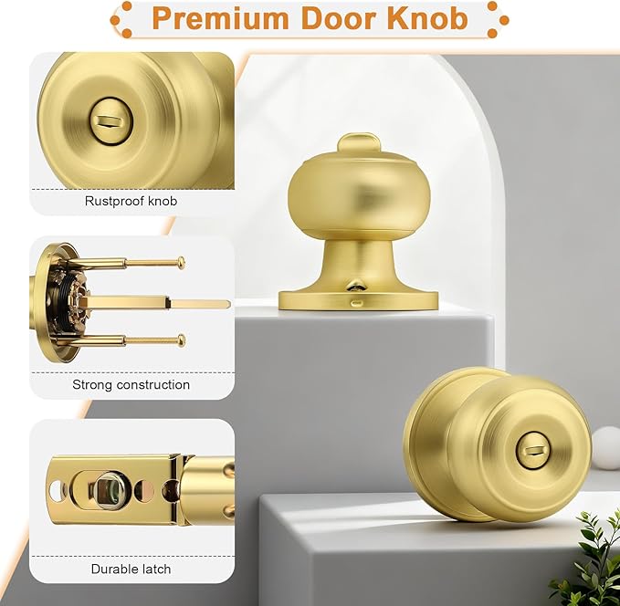 Probrico Brushed Brass Door Knob, Gold Bedroom Bathroom Door Knobs Inteior, Privacy Door Knobs, 6 Pack