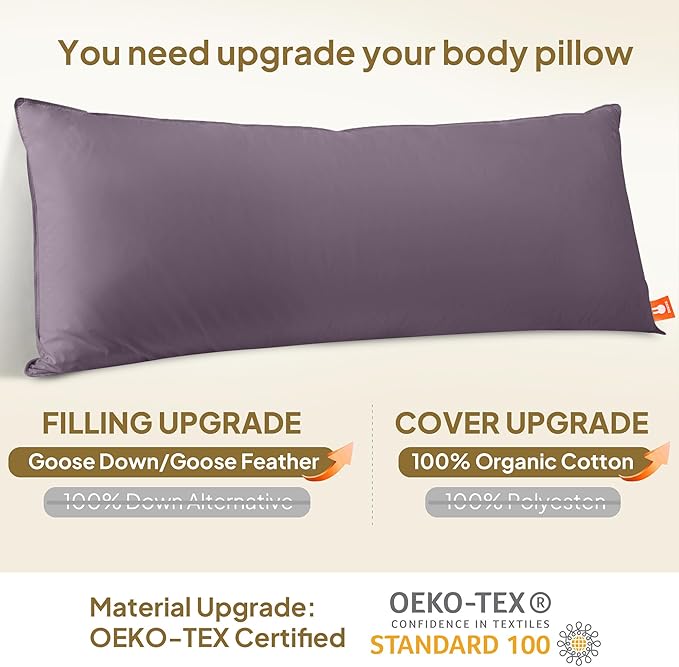 Goose Down Body Pillows for Adults, Large Body Pillow for Side Sleeper, Hugging Feather Body Pillow Insert, Cooling Full Length Long Pillow for Bed with 100% Organic Cotton Shell, 20"x54" Blackcurrant