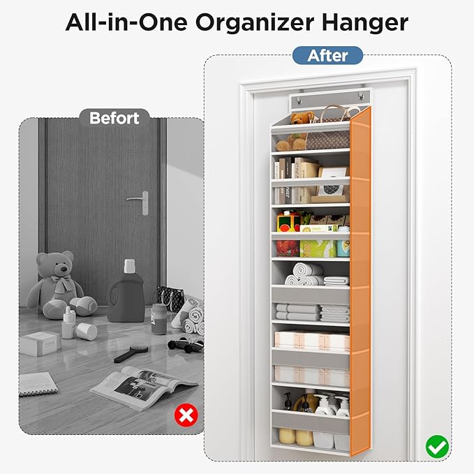 Over The Door Organizer, 6 Shelf Door Organizer Hanging with 6 Large Capacity Pockets, Over The Door Storage Hanging Shelves for Closet Wall Bathroom Closet Bedroom Nursery
