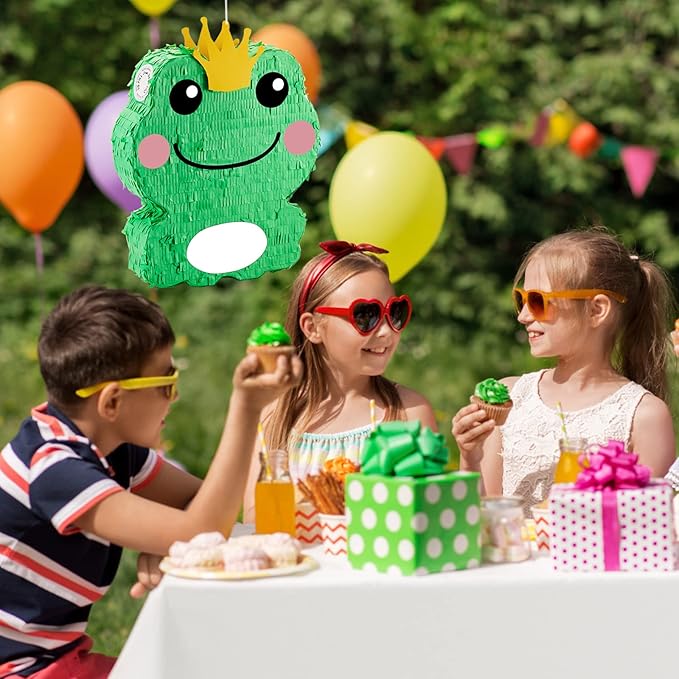 Lewtemi 15'' x 12'' x 3'' Frog Piñata Set Frog Birthday Decorations Include Large Piñata, Stick, Blindfold and Confetti for Kids Frog Party Decorations Favors Supplies Outdoor Games