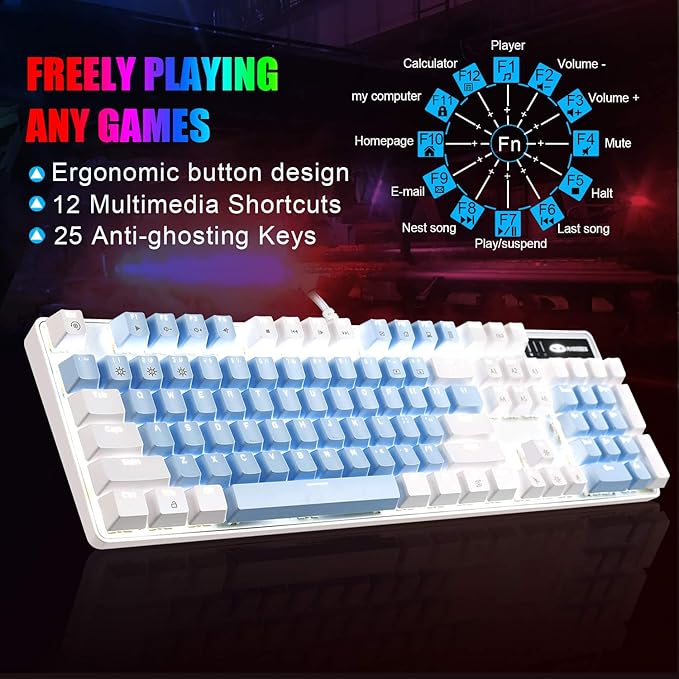MageGee Mechanical Gaming Keyboard, New Upgraded Blue Switch 104 Keys White Backlit Keyboards, USB Wired Mechanical Computer Keyboard for Laptop, Desktop, PC Gamers(White & Blue)