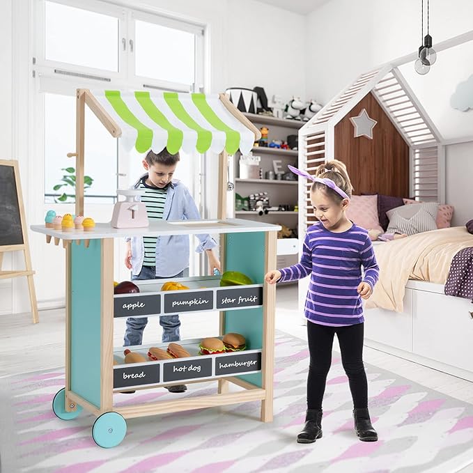 INFANS Wooden Grocery Store Marketplace Toy, Supermarket Pretend Play, Extra Storage 6 Ice Creams Scales Bells Chalkboards, Fun Indoor Farmer's Market Stand Set Gift for Ages 3+