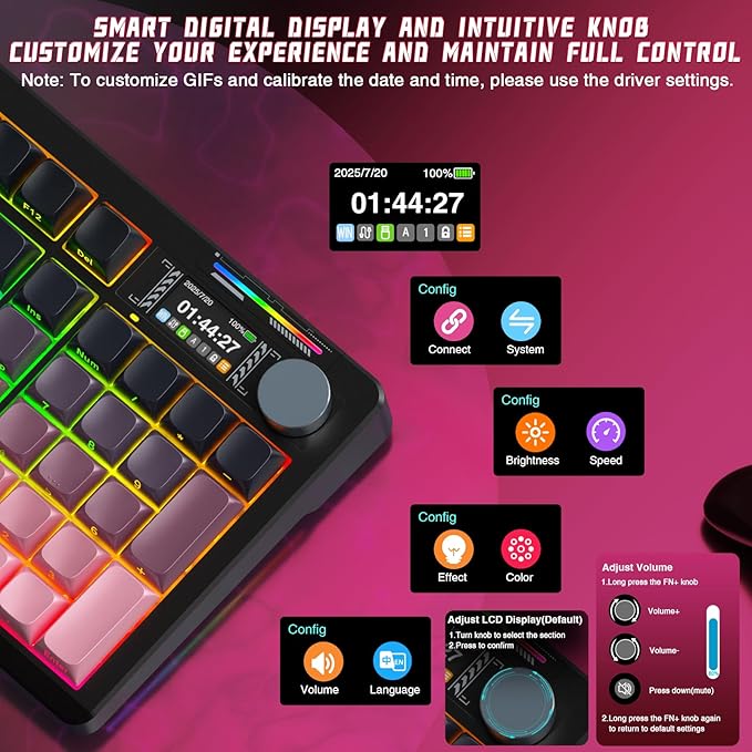 LINGBAO K98 PRO Mechanical Keyboard Wireless, with Screen & Knob,RGB Gaming Keyboard, Tri-Mode BT5.0/2.4GHz/USB-C, Gasket Mount Hot-Swappable Linear Switches Gamer Keyboards for PC/Mac/Linux/Android