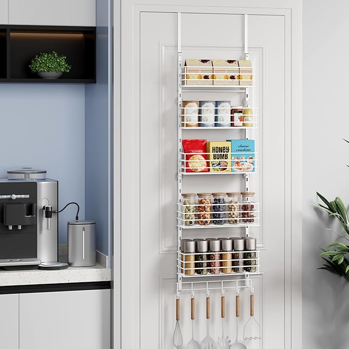 SWTYMIKI Over The Door Organizer - Door Organizer Hanging with 5 Adjustable Metal Large Capacity Basket and 6 Coat Hook, Wall Mounted Shelf for Bedroom Closet Bathroom Laundry Pantry Cabinet Kitchen