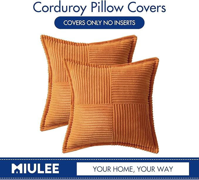 MIULEE Burnt Orange Decorative Throw Pillow Covers for Couch Bed Livingroom 20x20 Inch Set of 2 Boho Accent Throw Pllows Broadside Striped Patchwork Soft Corduroy Pillowcases