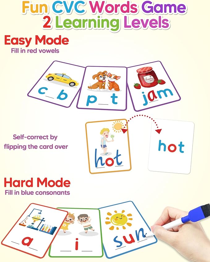 Gojmzo CVC Word Writing & Spelling Flash Cards, Preschool Learning Toddler Activities, Kindergarten Homeschool Supplies, Sight Words Reading Game, Montessori Educational Toys for 3 4 5 6 Year Old Kids