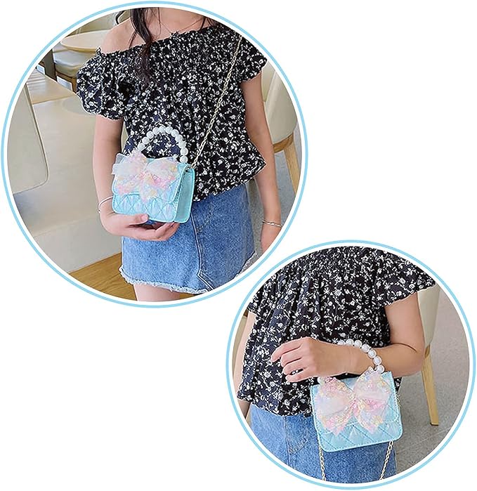 Girl Handbag Purse for Little Girls Kids Pretend Play Dress Up Necklace Hair Accessories Jewelry Set, Light Blue