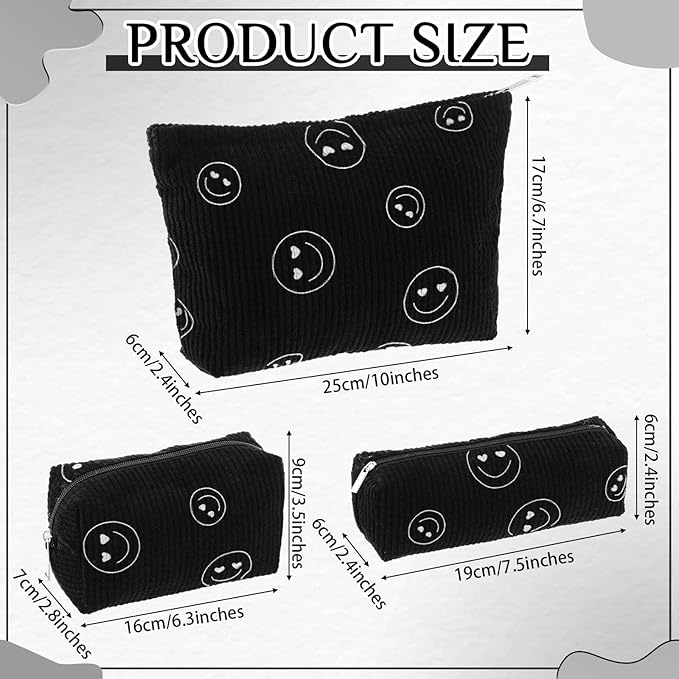 Huhumy 3 Pcs Makeup Bag Set for Women Corduroy Cosmetic Pouch Aesthetic Smile Travel Toiletry Bag Cute Purse Pouch Pencil Case Makeup Brushes Storage Organizer for Valentine(Black,Smile Face)