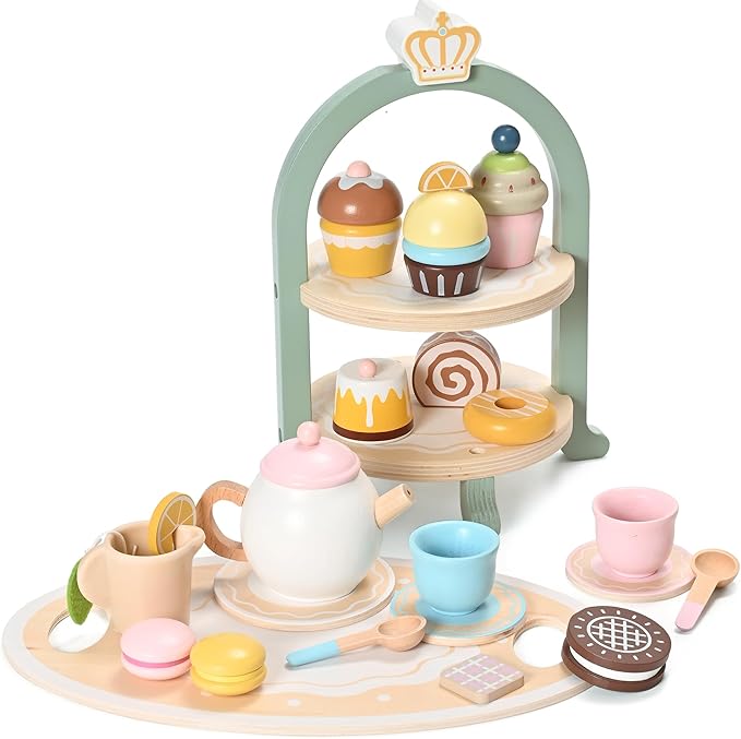 23pcs Wooden Tea Set for Little Girls, Toddler Tea Set Wooden Toys Play Kitchen Accessories with Cupcake Stand and Tray, Kids Tea Party Set Pretend Play Food Birthday Gift Playset
