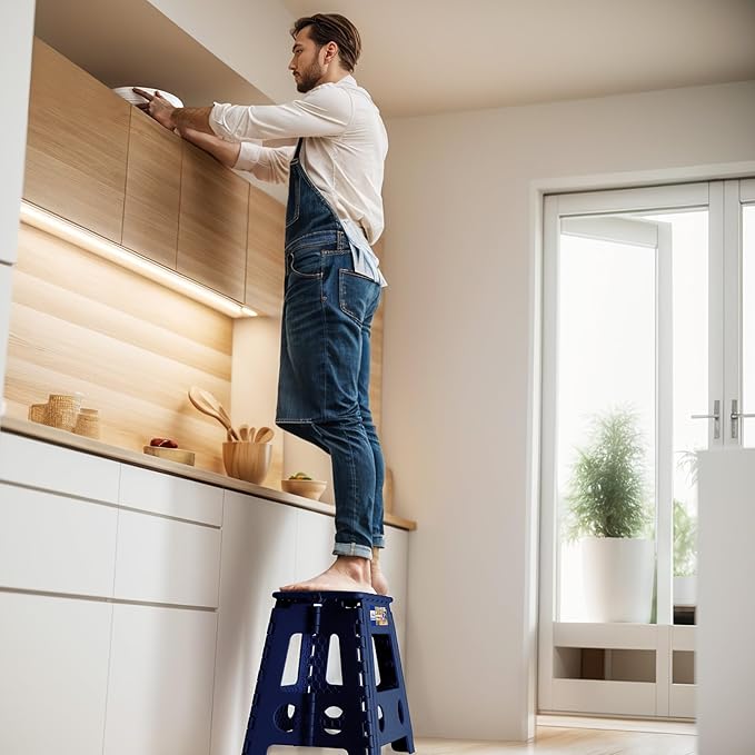 ACKO Folding Step Stool Foldable 16 Inch Stool 400 lbs Capacity,Plastic Stools for Adults and Kids,Collapsible Stool for Kitchen, Stepping Stool with Handle(Royal Blue)
