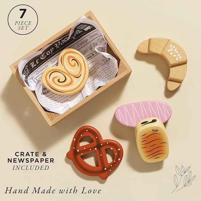 Le Toy Van - Educational Wooden Honeybee Market Baker's Basket Crate | Wood Play Food | Supermarket Pretend Play Shop Food