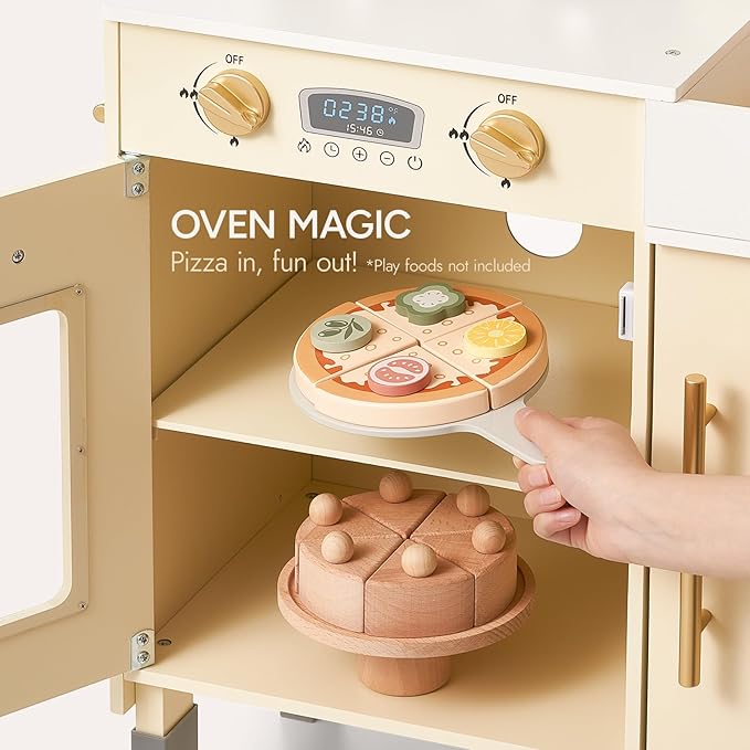 Giant bean Wooden Play Kitchen, Toddler Kitchen Playset, with Microwave Play Sink Ice Maker Oven Cookware Accessories Playset, Pretend Play Food Toys for 3+ Year Old Boys Girls