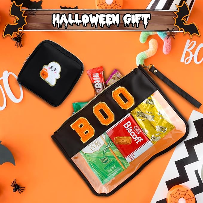 BuyCard 2 Pcs Halloween Gifts Cosmetic Makeup Bag with Boo Chenille Letter Patch, Clear Pouch PVC Organizer Purse, Waterproof Travel Bag, Portable Toiletry Storage Bag for Her Girls Friends Women