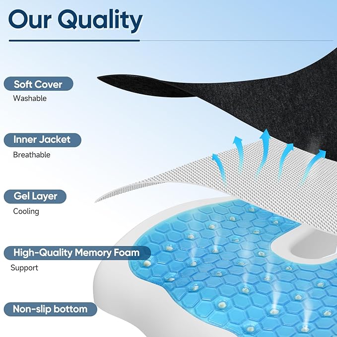 Gel Seat Cushions for Office Chairs Tailbone Pain Relief/Pressure Relief/Sciatica Pain, Memory Foam Breathable Chair Cushions for Back Pain/Butt Pillow Fits Computer Chair/Car/Wheelchair