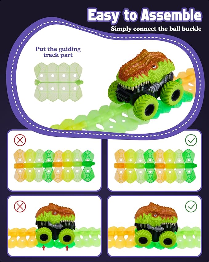 Magic Car Track Set, 154PCS Glow Race Track, Flexible Race Car Tracks, Dinosaur Train Set Glow in The Dark, Race Tracks for Kids Ages 3-8, Toddlers Birthday Gifts, for Kids