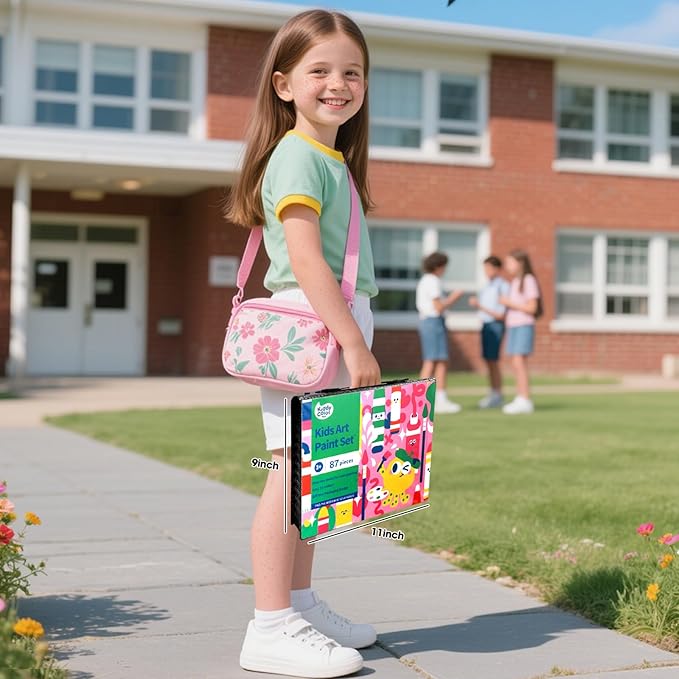 KIDDYCOLOR Kids Art Set, Drawing Art Supplies for Girls & Boys Ages 4-8 with Watercolor Cakes, Oil Pastels, Colored Pencils, Ideal Gift for Young Artist, Black-87pcs