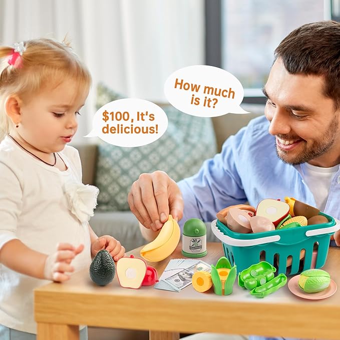 150Pcs Kitchen Playset, Toddlers Pretend Cooking Cookware Accessories, Food, Picnic Blanket, Fruits, Veges, 2Pack Shopping Storage Basket, Dessert and Prop Money, Gift for Kids (Pink)