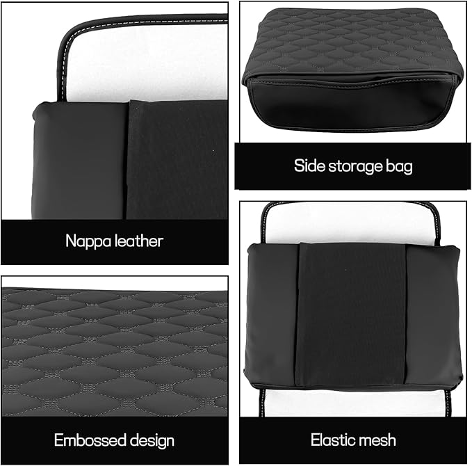 wuyaoyao Car Center Console Cover, 12.13"×8.66"×3.74" Leather Car Armrest Cover with with 2 Side Pockets, Memory Foam Soft Auto Armrest Cushion Pad, Universal Vehicle Arm Rest Protector (Black)