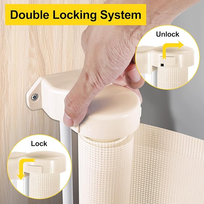 175 Inch Extra Wide Retractable Baby Gates for Large Openings, Extra Long Retractable Dog Gate for Doorways 33" Tall Mesh Pet Gate for Wide Openings Large Baby Gate for Indoor Outdoor (Beige)