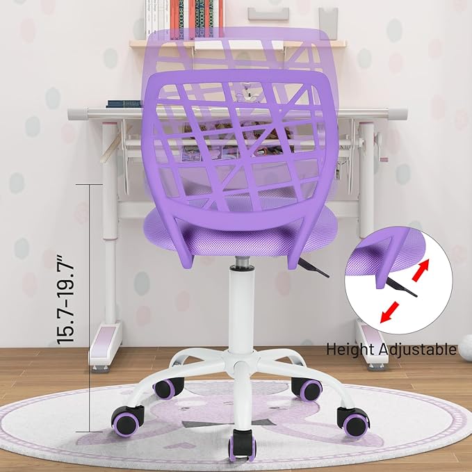 FurnitureR Kids Desk Chair, Armless Small Adjsutable Swivel Task Chair with Soft Cushion for Study Kids Teens Child, Purple