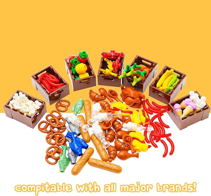 190pcs City-Supermarket-Kitchen Bricks Compatible with Major Brands,Food-Fruits-Apple-Banana Ice-Cream-Sundae-Capcake Chicken-Hotdog stall-Shopping-Trolley DIY-Picnic-Toys Gifts for Kids