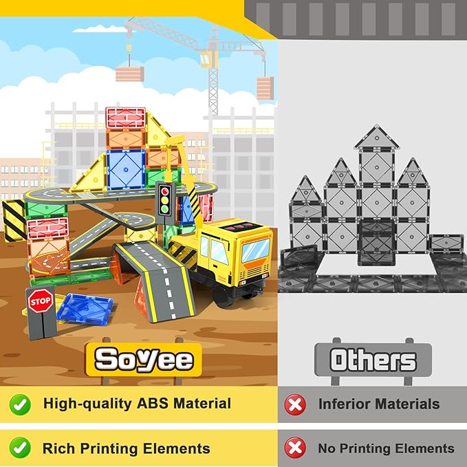 Magnetic Tiles Construction Toys with Crane Road Pieces Truck Magnetic Blocks STEM Building Sensory Toys for Kids 3 4 5 6 7 8 Year Old Boys Birthday Xmas Gifts