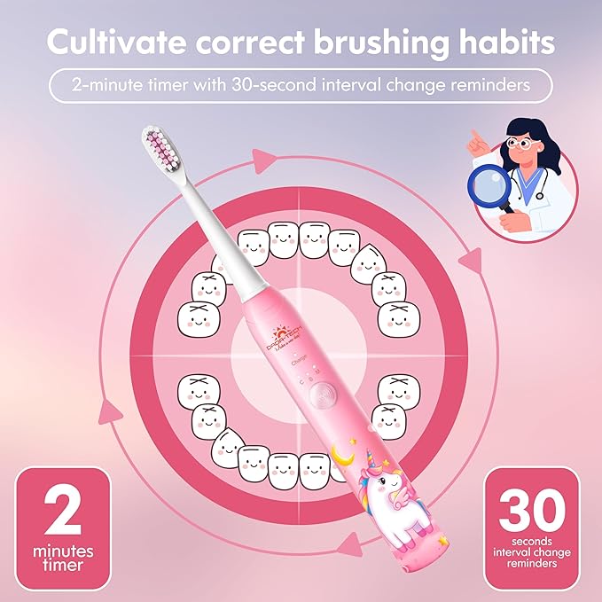 Kids Electric Toothbrush Rechargeable Age 3-5-6-12-18 Year Old, Girls Electric Toothbrush with Timer 3 Modes 4 Vibrating Heads Habit-Forming Stickers 31000VPM Girls Toothbrush (Unicorn Pink)