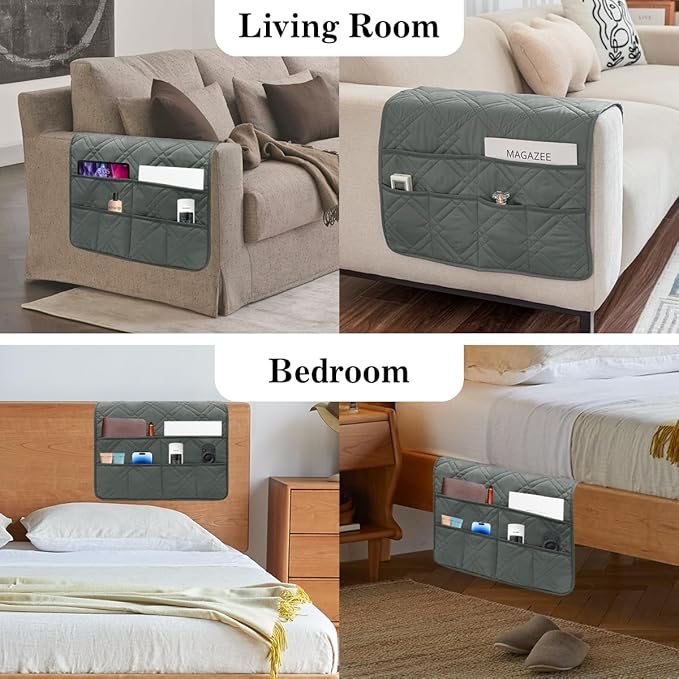 Couch Armrest Organizer Remote Control Holder Bedside Caddy with 6 Pockets, Non-Slip Armchair Caddy Sofa Armrest Organizer for Tv Remote Control, Magazine, Cell Phone, Dark Grey