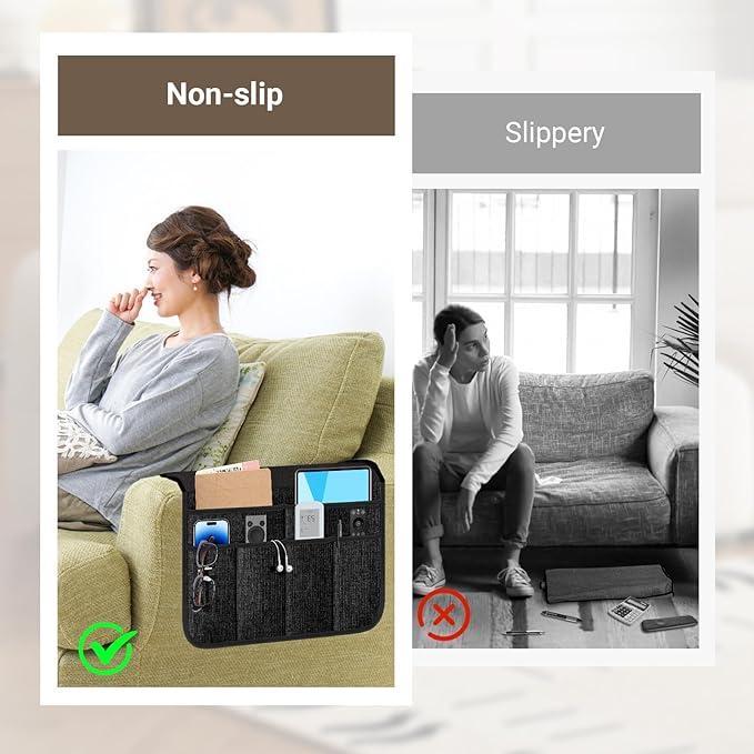 Armchair Caddy & Remote Control Holder for Couch & Recliner | Non-Slip Armrest Organizer with 6 Pockets for TV Remote, Phone, Tablet, Magazine & More, 19 x 35 Inches, Black