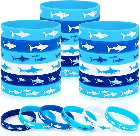 JUNEBRUSHS Shark Party Favors, 42pcs Ocean Sea Life Shark Silicone Bracelets Rubber Wristbands for Baby Shower Under The Sea Themed Kids Birthday Party Gift Decorations Supplies