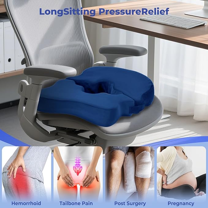 SAHEYER Bed Sore Cushions for Butt, Memory Foam Hemorrhoid Pressure Relief Pillow with Center Hole and Tailbone Cutout, for Long Sitting Coccyx, Sciatica, Postpartum, Pregnancy, After Surgery, Blue