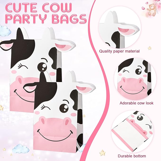 86 Pcs Cow Party Favors Supplies Include Cow Keychains Cow Silicone Bracelets Cow Party Paper Bags Treat Bags Cow Vinyl Stickers for Girls Kids Cow Farm Animals Cowboy Birthday Party Supplies