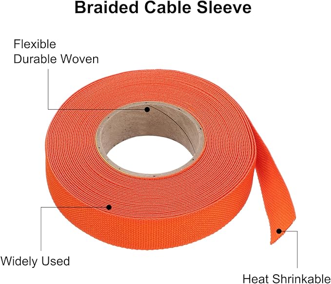 MECCANIXITY Braided Cable Sleeves Heat Shrinkable Fabric Sleeving, 5/8" 33ft Orange 2:1 Ratio Heat Shrinkable Cord Protector for Harness Cable, Network Cable Protection, Cable Management