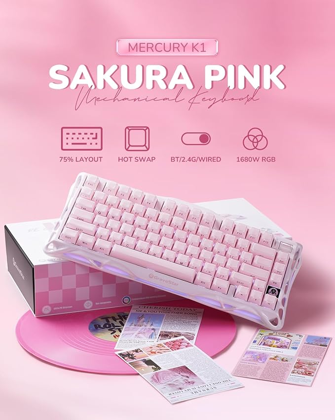 GravaStar Mercury K1 75% Pink Wireless Keyboard, Aluminum Alloy Exoskeleton Design Mechanical Gaming Keyboard, Gasket Hot-Swap Socket, Linear Switches, RGB Backlit