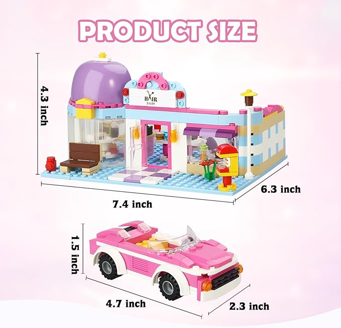 BRICK STORY Girls Friends Hair Salon Building Kit with 2 Mini People 5 Dolls Hair Creative Girls Friends Sets 358 Pieces with a Pink Convertible Car STEM Building Toys Gifts for Kids Age 6-12 and Up