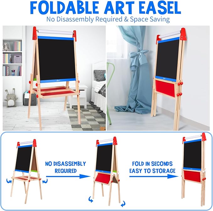 Joyooss Easel for Kids Easel, Wooden Easel Whiteboard & Chalkboard Easel, Foldable Height Adjustable Double Sided Toddler Art Easel Kids, Art Easel for Kids Age 4-8 9-12 Magnetic Board for Kids Easel