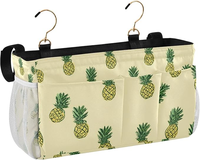 Light Yellow Pineapple01 Bedside Caddy for Dorm Bed Bedside Hanging Caddy Bag Iron Frame Storage Organizer Pocket for Bunk Home College Hospital Beds 2 Hooks