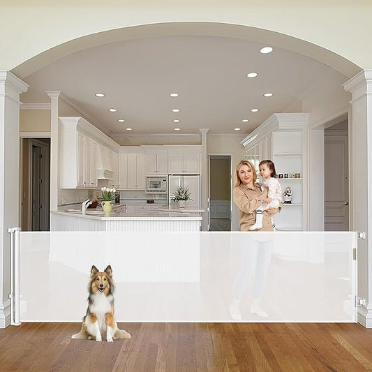 90 Inch Retractable Baby Gates Extra Wide Dog Gates for Dogs Indoor Outdoor Extra Long Baby Gates for Large Openings Large Baby Gate Mesh Dog Gates for The House Extra Wide Baby Gate Deck Gate, White