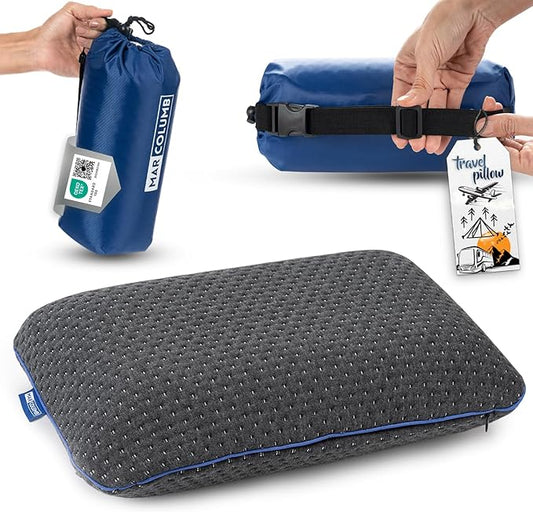 Marcolumb Travel & Camping Comfortable Memory Foam Pillow – Easy to Carry Portable Bag – Temperature Regulating Pillow Case - Perfect for Travelling (Grey)