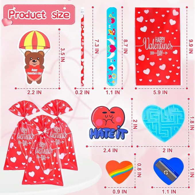 28 Pack Valentines Day Gifts for Kids Classroom, 222 PCS Valentines Exchange Party Favors Toys with Pencils, Erasers, Stickers, Cards, Slap Bracelets, Mazes, Assorted Valentines Stationery Kit